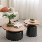 Mesa de centro redonda de madera maciza, mesa de centro redonda para salón moderno, estilo cremoso, base de acero al carbono para el hogar, salón, oficina, granja, fácil de montar (negro)