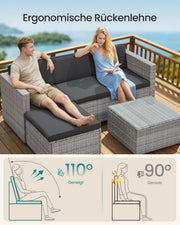 Set de muebles de jardín SONGMICS, muebles de balcón de ratán sintético PE, muebles de terraza, sofá esquinero, exterior, ratán tejido a mano, conjunto lounge, con cojines y mesa de cristal, gris GGF005G05