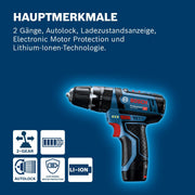Taladro percutor a batería Bosch Professional 12V System GSB 12V-15 (Ø de perforación en madera máx.: 19 mm, incl. 2 baterías de 2.0Ah + cargador, 2 juegos de brocas, 1 juego de puntas, bolsa de herramientas) - Exclusivo de Amazon