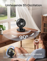Ventilador de mesa 3D DREO muy silencioso 22 dB, ventilador pequeño con mando a distancia, flujo de aire potente de 8,8 m/s, oscilación de 90°, control por aplicación y voz, 9 niveles, temporizador de 8/12 h para dormitorio y oficina