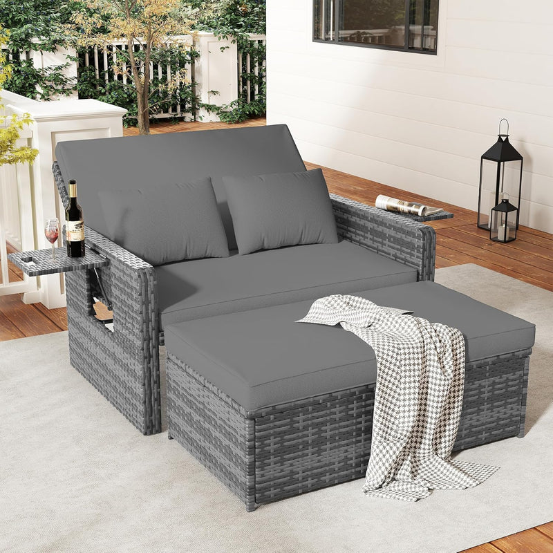 Amopatio Set de salón de jardín de ratán, sofá de jardín de 2 plazas con respaldo ajustable y espacio de almacenamiento, muebles de salón resistentes a la intemperie para balcón y terraza, con taburete y cojines, gris