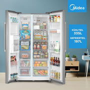 Midea KS-DDX 6.32 WT Frigorífico americano / 178,8 cm de altura / 254 kWh/año / No Frost / Compresor Dual Inverter / con dispensador de agua/hielo 3 en 1 y depósito de agua, Dark Inox