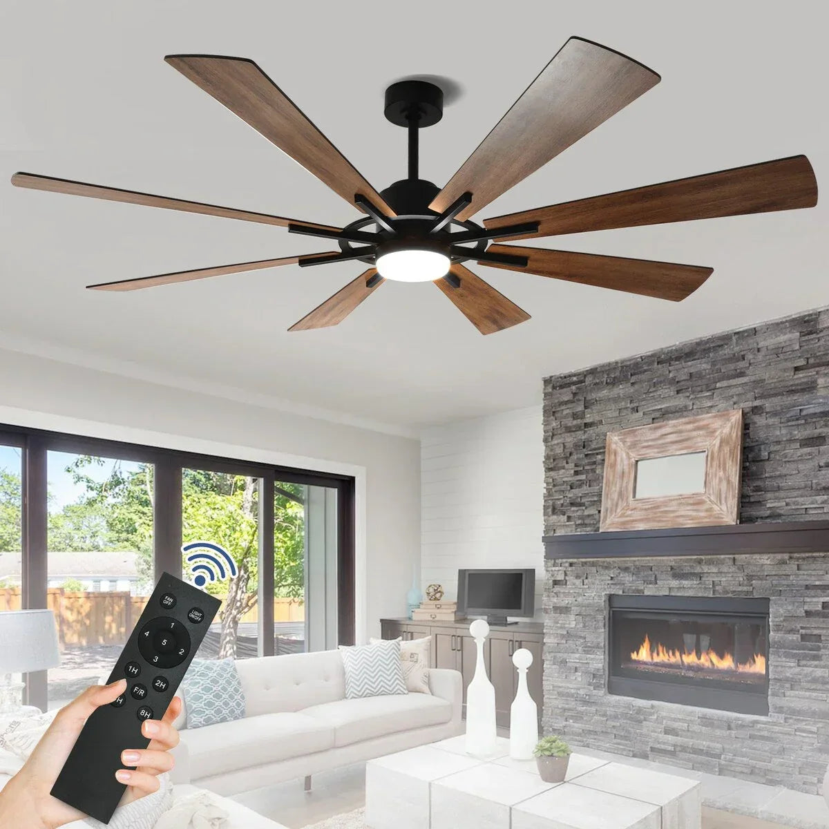 Ventilador de techo con luz, control remoto y 8 aspas grandes de madera