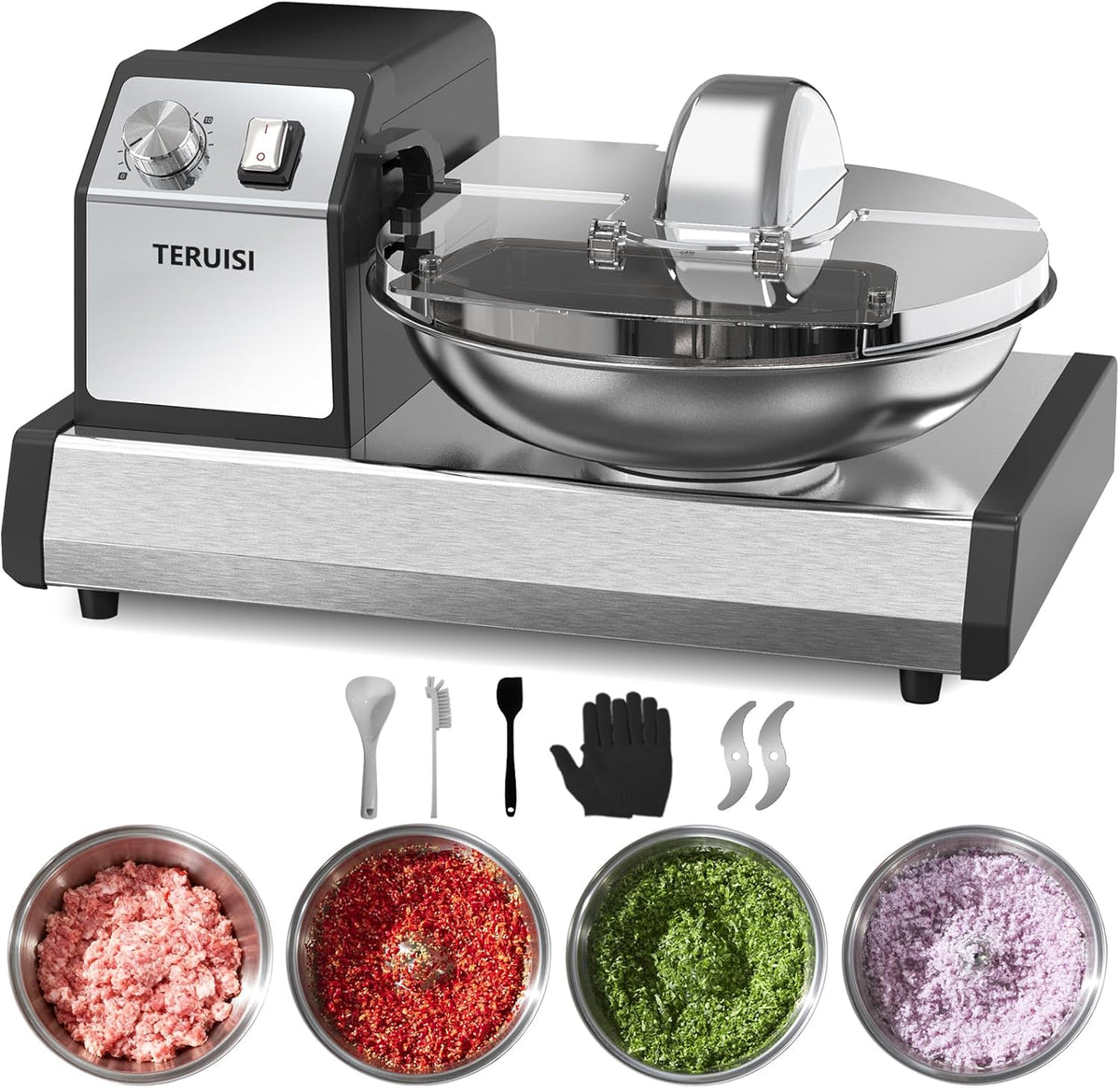 Procesador de alimentos comercial, picadora de carne de alta resistencia de 250W con 1500 RPM, tazón de acero inoxidable de 5,7L y temporizador de 0-15 min, picadora de verduras eléctrica y batidora