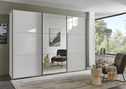 Armario de puertas correderas de 3 puertas A300/A216/P65 cm blanco con frente de cristal, espejo, tiradores negros, incl. cierre suave, armario con estantes, barras para ropa, cajones, organizador de ropa / 22039