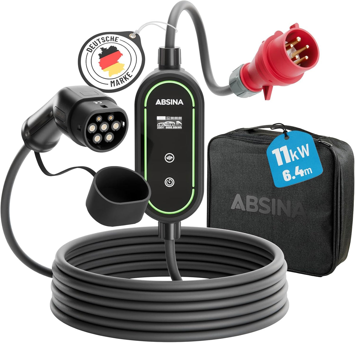 Wallbox móvil ABSINA de 11 kW con potencia de carga ajustable: cable de carga tipo 2 para coche eléctrico, 16 A, trifásico, IP67, con cable de 6,6 m; cargador de 11 kW para i3, e-Up, ID.3, Zoe, fortwo, Kona y muchos más
