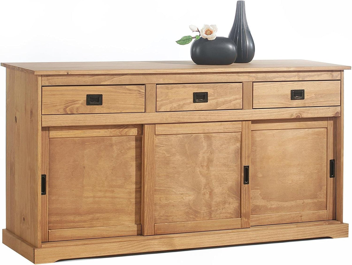Aparador IDIMEX Savona con 3 puertas y 3 cajones, madera maciza, color roble, mueble buffet, vajillero, madera maciza