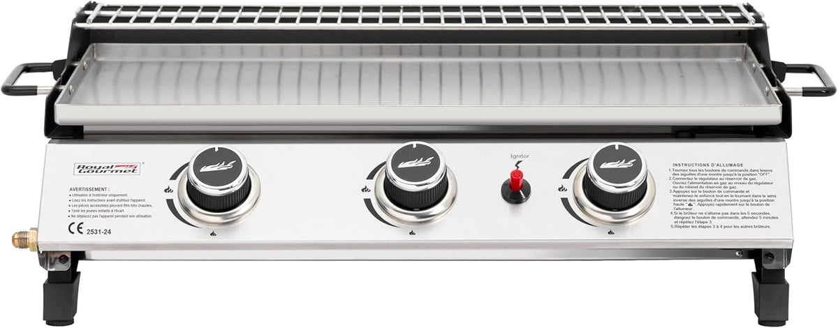 Plancha de gas propano Royal Gourmet de acero inoxidable, 3 quemadores de 7,5 kW, superficie de cocción de 61,5 x 32 cm con rejilla de calentamiento, adecuada para camping y exteriores, plateada