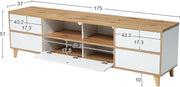 BTM Mueble de TV rústico, banco de TV con compartimentos y puertas, para salón, comedor, dormitorio, almacenamiento práctico, blanco y madera natural, 175x37x51 cm