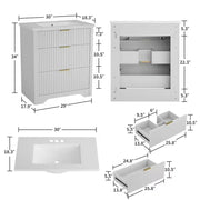 Conjunto de tocador de baño moderno estriado con lavabo de cerámica integrado, mueble de baño independiente con 3 cajones para baño contemporáneo