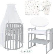 Cuna ovalada evolutiva Waldin, set completo 7 en 1, cuna de barrotes, cama infantil con colchón, cambiador, cuna colecho, madera blanca