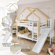 Litera Ball & Cast (90x200cm) con barandilla alta, estructura de madera con tobogán + escalera, estable y silenciosa, blanco + natural