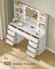Colección VASAGLE Kailyn - Tocador con espejo y luces LED, regleta de enchufes, 9 cajones, 9 bombillas regulables, 3 colores de luz, rieles deslizantes sin herramientas, blanco nube RDT141WB02