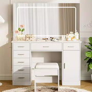 Tocador moderno con espejo grande, 7 cajones, luces LED, silla, 3 modos de iluminación, soporte para secador de pelo y estación de carga para dormitorio