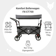 Carrito de mano plegable y compacto Fuxtec FX-CT700 gris, con frenos, asiento acolchado, mango ajustable en altura, para excursiones
