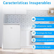Nevera pequeña Midea 113L con congelador - Mini frigorífico para habitación/caravana/camping - Minibar de bajo consumo - Frigorífico bajo encimera silencioso 39dB + congelador -16º/-24º