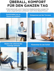 Ventilador de torre Midea FZ10-17JR silencioso con mando a distancia 92 cm, ventilador móvil, ventilador de columna, temporizador de 7 horas, 3 modos, 3 velocidades, ventilador de pie 45 W, negro