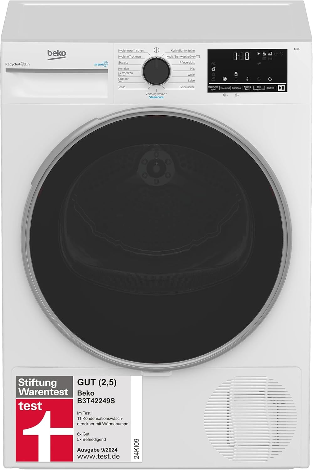 Secadora de ropa Beko 8kg, Stiftung Warentest BUENO (2,5), apta para alérgicos, secado higiénico, función de vapor SteamCure, 15 programas, Express, B3T42249S, blanco