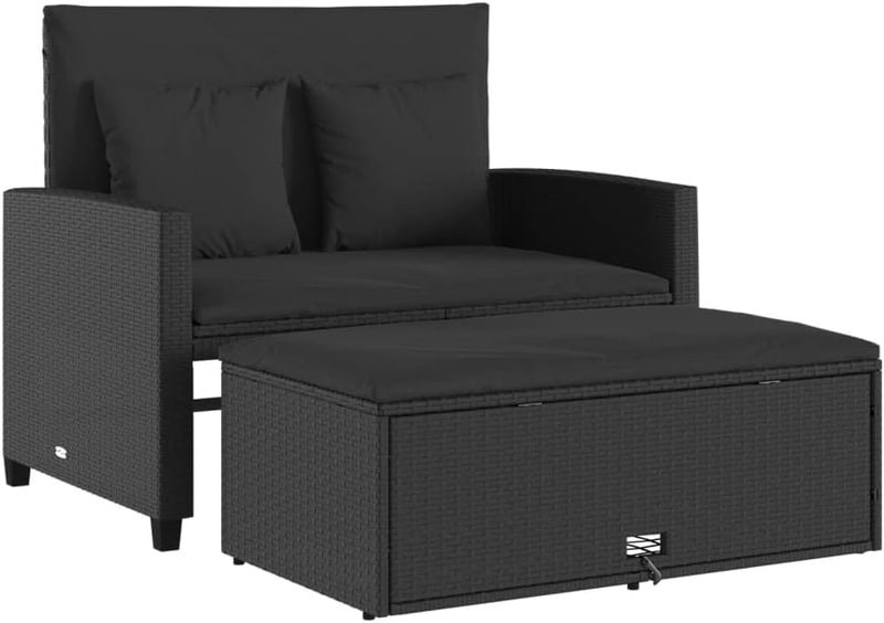 vidaXL Sofá de jardín con cojines, 2 plazas, sofá de exterior con taburete con almacenamiento, sofá con funda extraíble, muebles de jardín, conjunto de jardín, ratán sintético negro