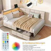 Cama tapizada doble, sofá cama de 140x200 con 2 cajones de almacenamiento, cama juvenil con USB, cama con almacenamiento, cama funcional con somier de láminas, cama infantil con cabecero LED, sin colchón (beige + lino)