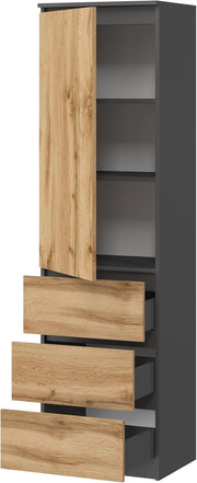 KUBUTKU Armario multiusos con 3 cajones, 3 compartimentos y puertas - Armario universal para oficina y hogar 180,5x50x40 cm Grafito/Roble Wotan