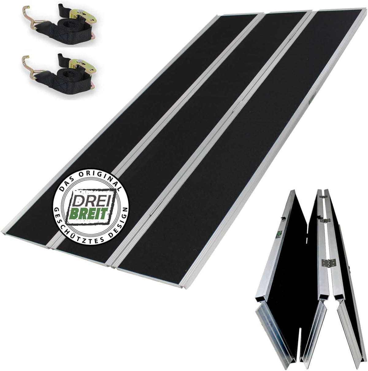 Rampa de carga de aluminio DREIBREIT by TRUTZHOLM, 215 cm, plegable en 2 secciones, capacidad de carga 1020 kg, revestimiento gris/negro, rampa de acceso