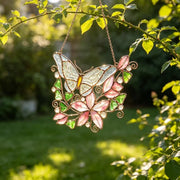 Atrapasueños de mariposa de vidrieras, colgante de ventana de flores rosas, decoración de dormitorio, adornos de mariposa