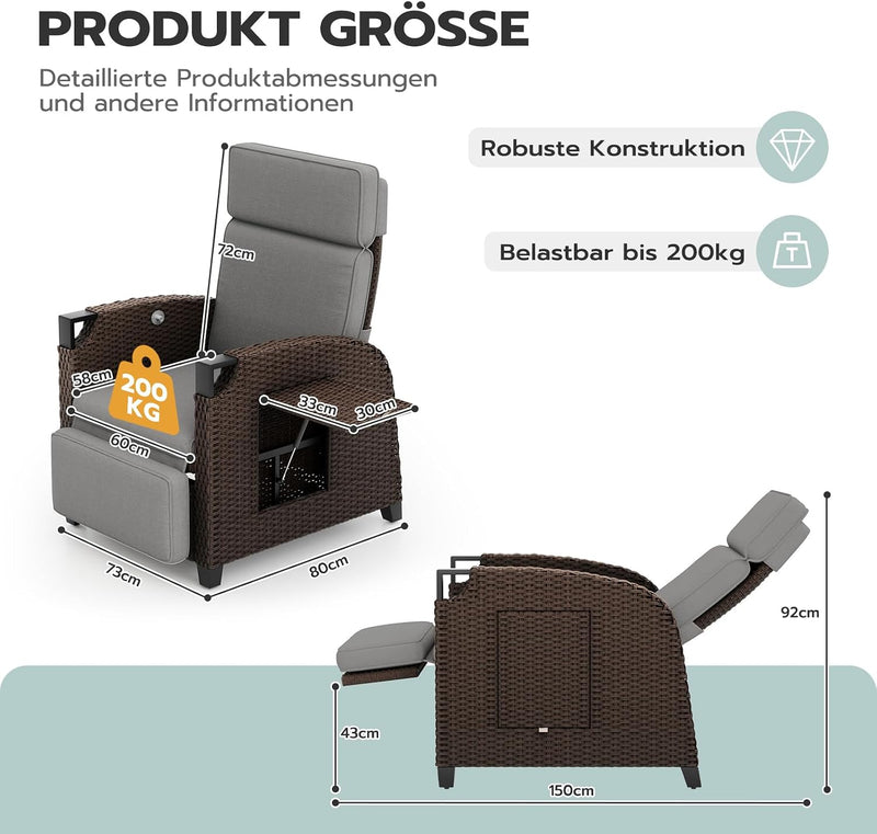 UDPATIO Tumbona con cojín, sillón de jardín resistente a la intemperie, respaldo ajustable a 150°, tumbona de ratán con mesa auxiliar para uso en interiores y exteriores, cojín gris y ratán marrón oscuro