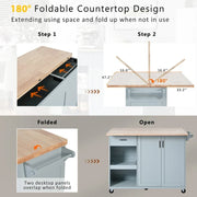 Isla de cocina con encimera plegable, carrito de almacenamiento para cocina con estante extraíble, toallero y cajón, ruedas giratorias