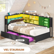 Cama tapizada, sofá cama de 90x200 con iluminación LED, estación de carga, diván, cama juvenil con 2 cajones y somier de metal, cabecero con espacio de almacenamiento, estantes abiertos, armario, negro