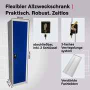 LagerZwei Armario multiusos 185x50x50cm I Armario metálico, 4 estantes I Archivador con cerradura I Armario multiusos robusto como taquilla, armario de taller y armario de sótano I Armario de acero azul y blanco