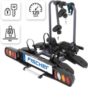 Portabicicletas de enganche Fischer ProlineEvo 2, para 2 bicicletas hasta 60 kg de carga útil, apto para bicicletas eléctricas, premontado, bloqueable, plegable