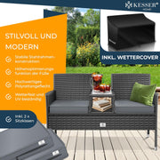 Banco de jardín KESSER® de ratán sintético con mesa, 2 plazas, 143x63x88cm, banco de jardín resistente a la intemperie, banco de exterior, banco de balcón con estante, mueble de jardín de ratán para jardín y balcón + cojines y funda, antracita