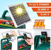 VOSS Power XXL B 12.000-S, 10.800V Potente pastor eléctrico solar 9V 12V, incl. batería de 55Ah y señal de advertencia, módulo solar de alta eficacia, para caballos, ponis, perros, gatos, garzas, ganado, cerdos