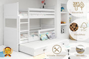 Interbeds litera para 3 niños, cama alta de 200x90 cm, cama de madera de pino, cama infantil con espacio adicional para dormir en el cajón, cama juvenil con somier y protección anticaídas
