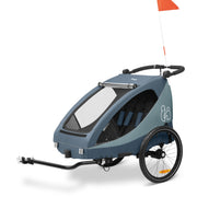 hauck Remolque de bicicleta y cochecito Dryk Duo Plus con suspensión, para 2 niños (6-48 meses), incluye barra de tiro, rueda de cochecito, bandera y luz LED, plegable, altura ajustable, maletero XL (verde oscuro)