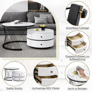 Juego de 2 mesas de centro redondas con tablero de PVC con patrón de mármol y estructura de metal, juego de mesas auxiliares, mesa de café y mesa de sofá con 2 cajones para sala de estar y dormitorio (blanco y negro - 75 cm)