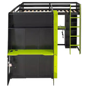 Litera tipo loft en forma de L para juegos con escritorios, litera doble con luces LED, puertos USB, estanterías de almacenamiento, cama alta esquinera de madera para 2 personas