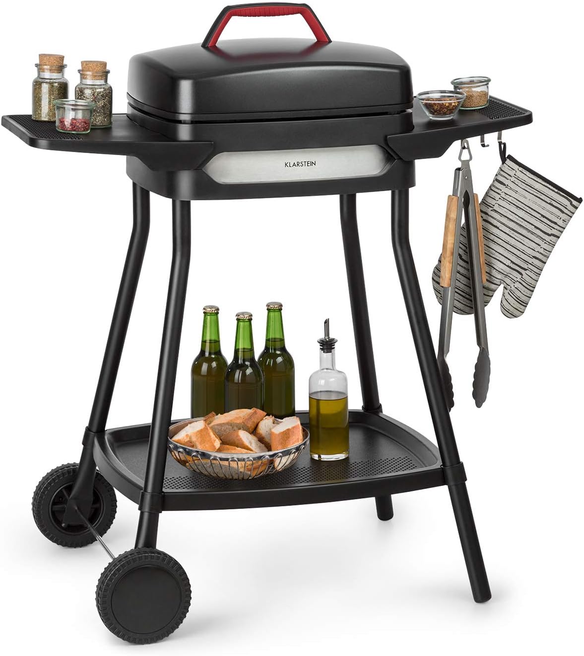Klarstein Gatsby Parrilla eléctrica de pie Parrilla de mesa: 2000 W, EasyGrill Concept, superficie de parrilla: 40 x 36 cm/aluminio fundido a presión/antiadherente/tapa, dos mesas auxiliares, negro