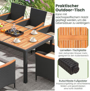 COSTWAY Juego de muebles de jardín de ratán de 9 piezas, conjunto de asientos para 8 personas, mesa de jardín con tablero de madera de acacia, 8 sillas y cojines, juego de muebles de terraza, conjunto de jardín, juego de asientos, grupo de comedor