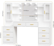 ANWBROAD 150cm Tocador grande con iluminación LED ajustable de 3 colores y enchufes, tocador moderno con espejo, 8 cajones, 6 estantes abiertos, mesa de maquillaje blanco BDT67W