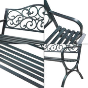 casa.pro Banco de jardín Utav Banco de exterior resistente a la intemperie 127 x 53 x 79 cm Banco de metal máx. 300 kg Gris oscuro con pátina verde Banco de 3 plazas