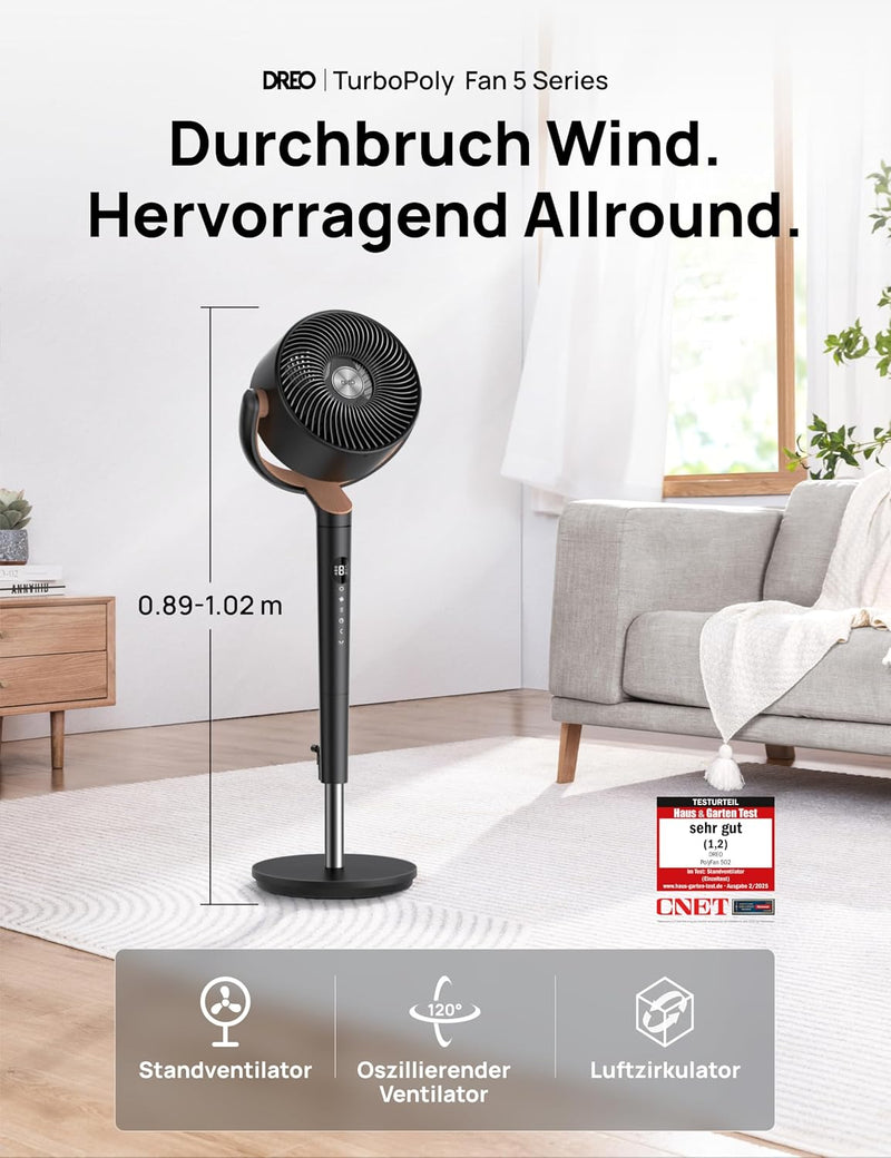 Ventilador de pie silencioso DREO de 23 dB, ventilador oscilante omnidireccional de 120°+120°, alcance de aire de 27 m, circulador de aire turbo real con un volumen de aire de 1615 m³/h, altura de 89-102 cm, 3 modos y 8 velocidades