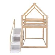 Literas tipo casita con tobogán y escaleras de almacenamiento, litera de madera individual sobre individual para niños con techo y escaleras para niñas y niños