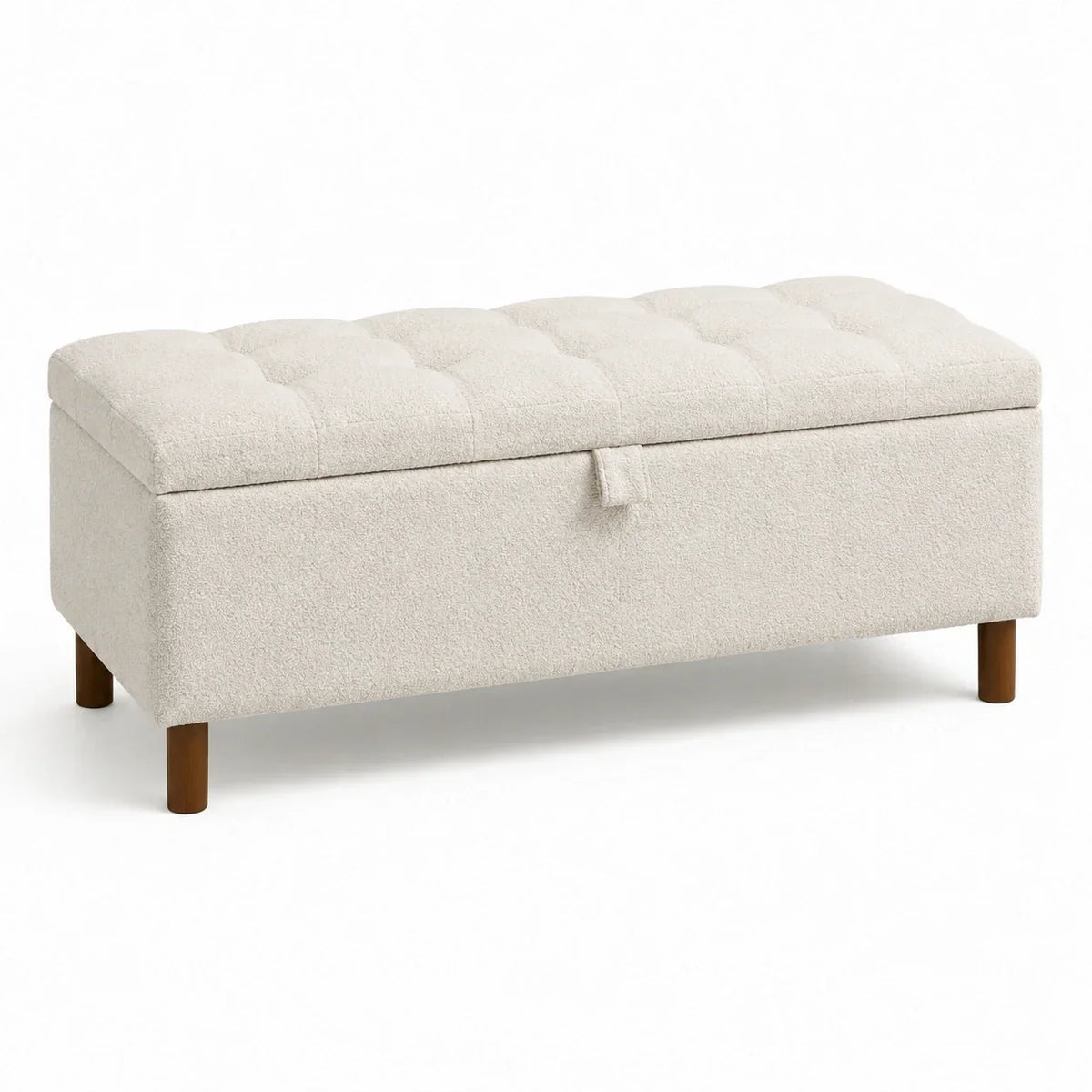 Banco tapizado de poliéster con patas de madera, color blanco crema