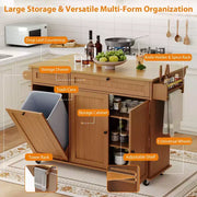 Isla móvil de 55 pulgadas con toma de corriente y mesa plegable, carrito de isla de cocina con ruedas y gabinete para almacenamiento de basura para cocina