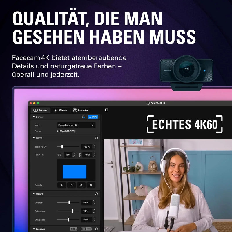Elgato Facecam 4K, webcam de estudio 4K60, calidad similar a una réflex, sensor Sony STARVIS 2, filtro de lente de 49 mm, HDR sin compresión, USB-C