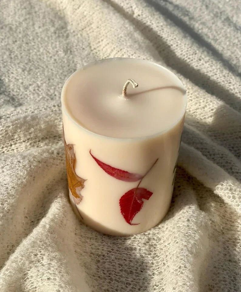 Vela de pilar de cera de soja con hojas de otoño, decoración otoñal, 9x7,5 cm