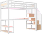 Cama alta de metal Kebnor con escalera de almacenamiento con estantes y mesa, diseño de valla de seguridad con tablones de metal empalmados, cama con estructura de hierro alta con marco de metal para mayor estabilidad (Blanco 90 * 200 cm)