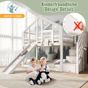 Cama litera infantil Merax 90x200cm, cama casita, litera alta con tobogán, escalera, compartimento de almacenamiento, espacio de almacenamiento, somier, protección anticaídas, con ventana, para 2 niños, sin colchón, blanco/254x96x207cm